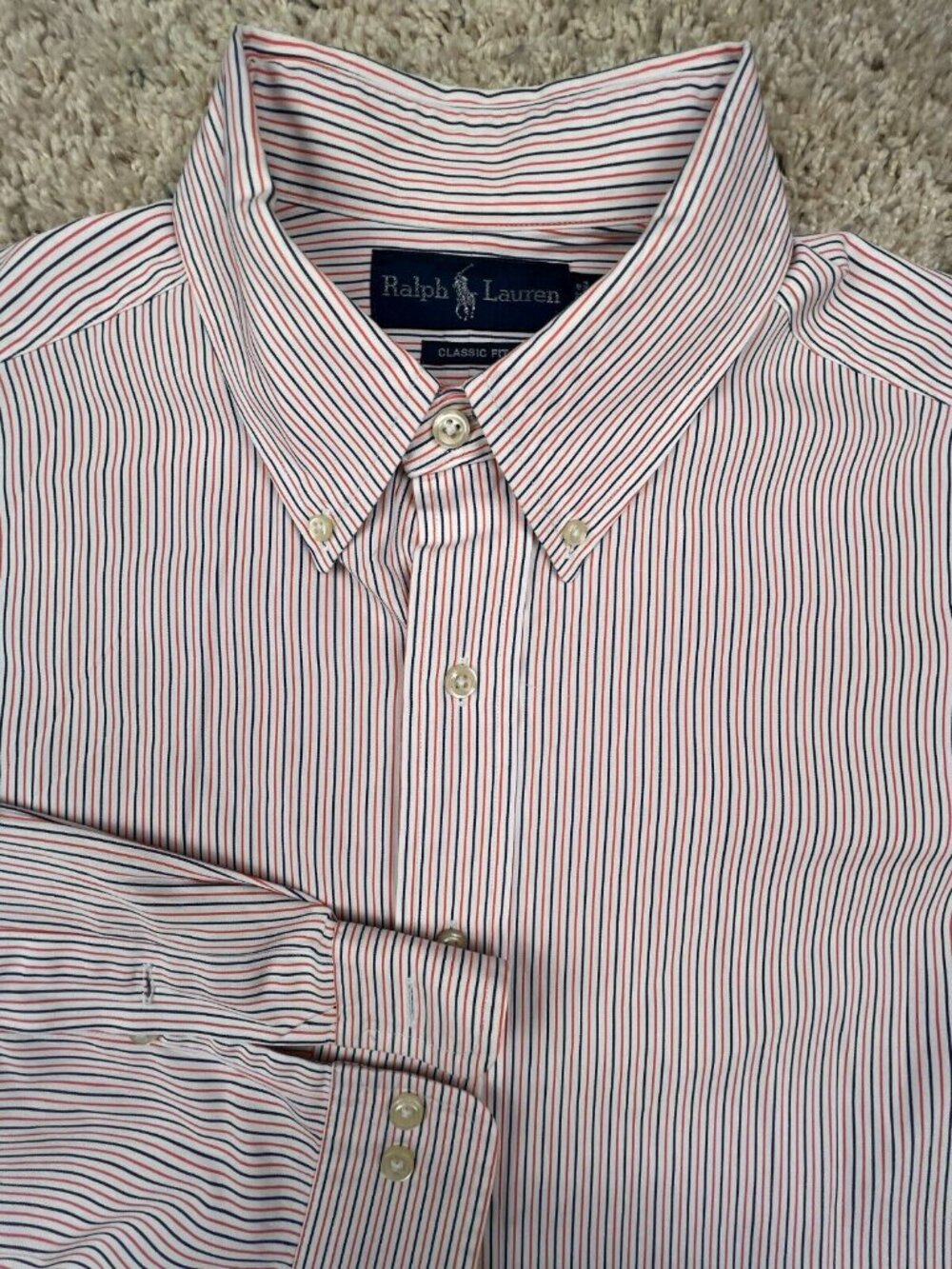Ralph Lauren Classic Fit Mens 16.5 34/35 Button Up Shirt Striped Orange Blue